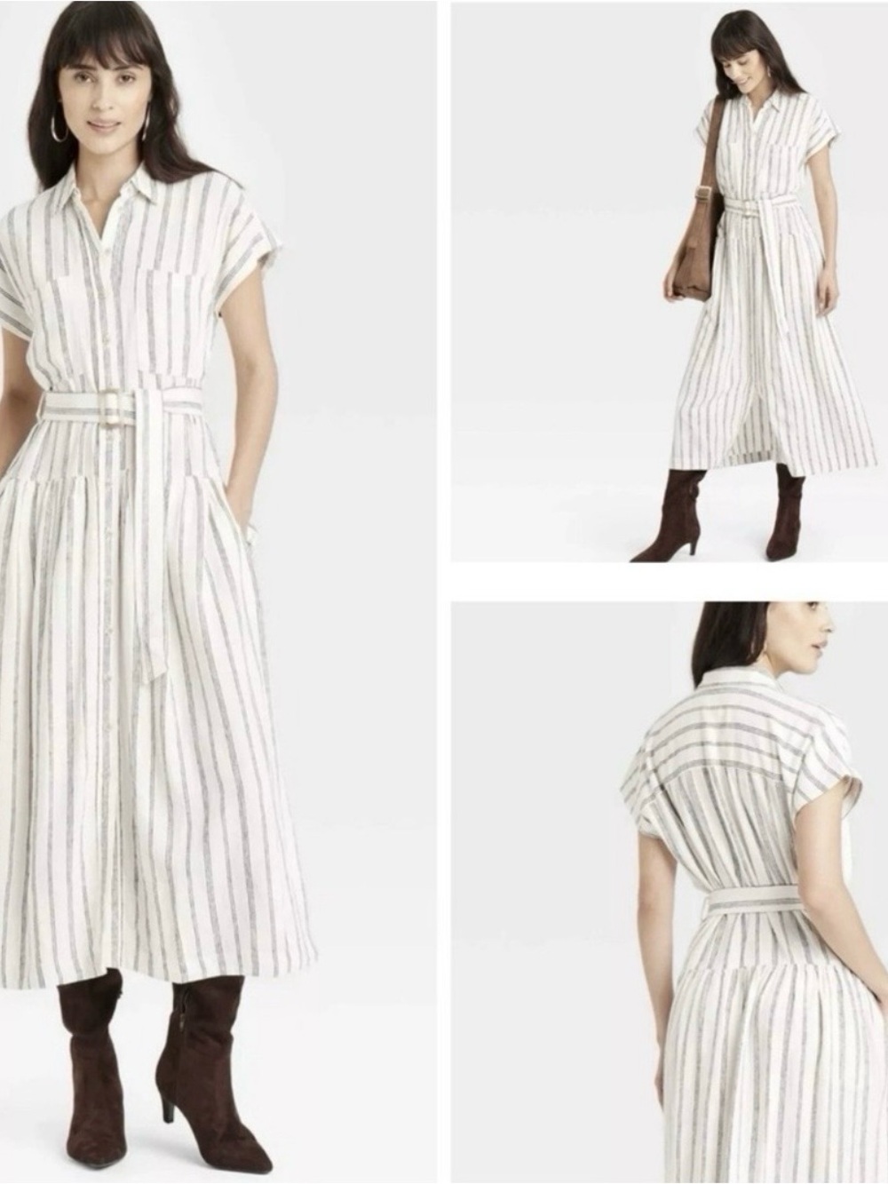 Universal Thread White and Gray Striped Maxi Shirt Dress with Belt